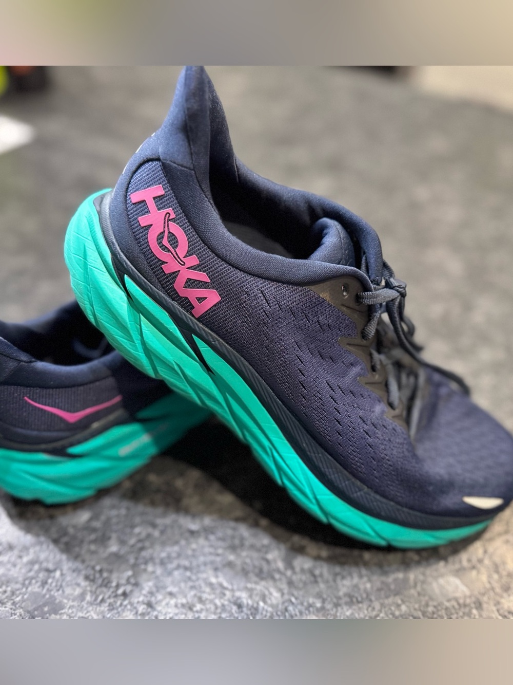 Hoka Women's Navy Running Shoes with Teal Soles and Pink Logo